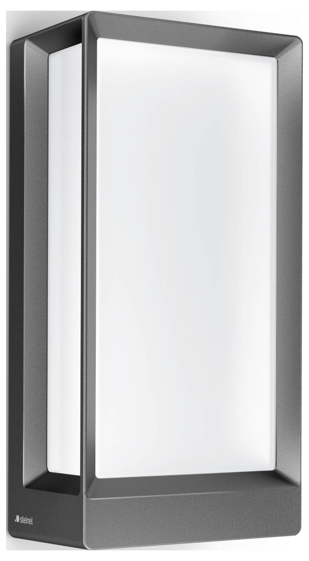 Prostokątna, nowoczesna lampa ścienna z czarną ramą i białą powierzchnią świecącą, prawdopodobnie przeznaczona do użytku na zewnątrz.