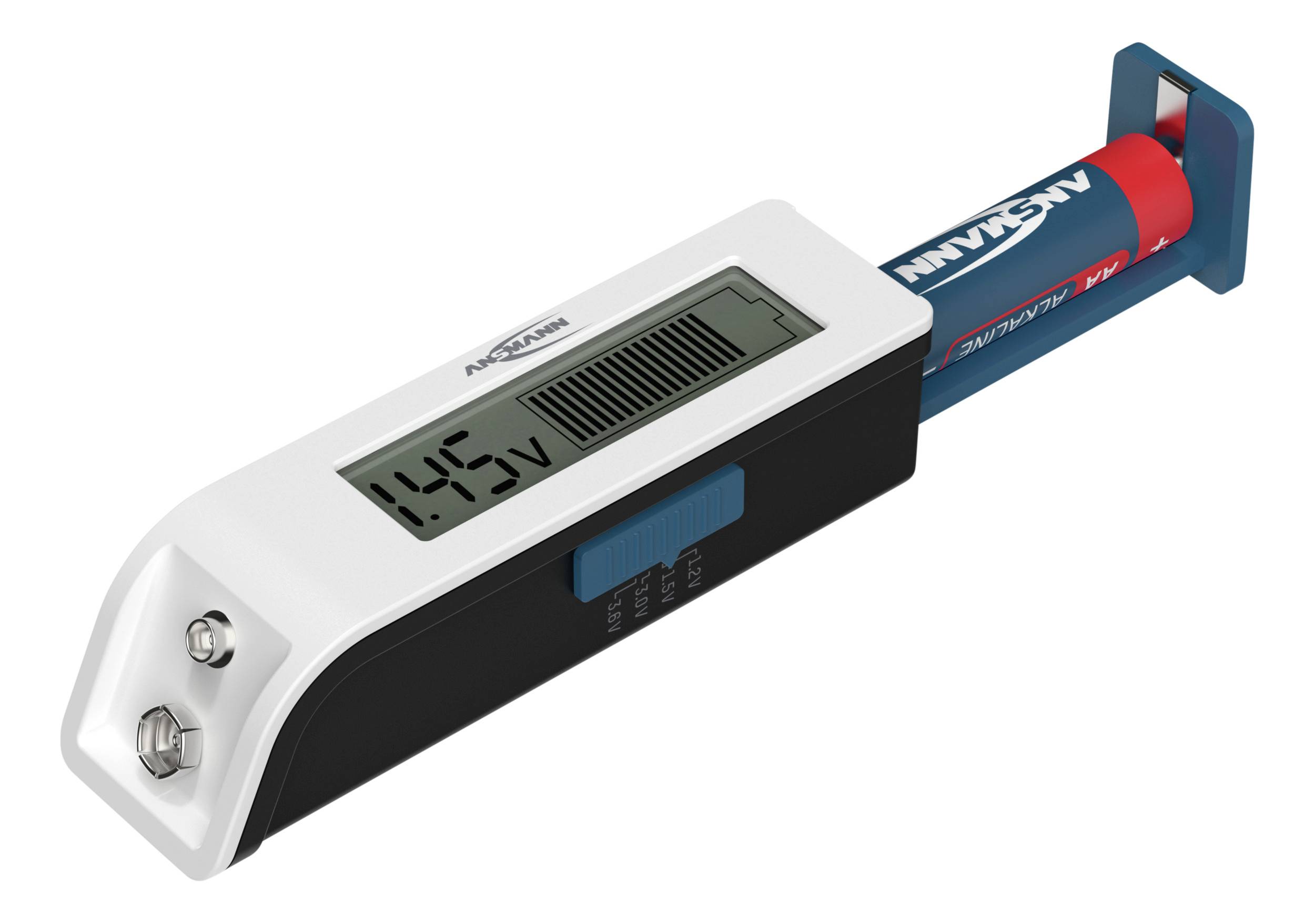 Tester baterii z wyświetlaczem cyfrowym pokazuje '1.45V', odpowiedni dla różnych rozmiarów baterii, w tym baterii AA.