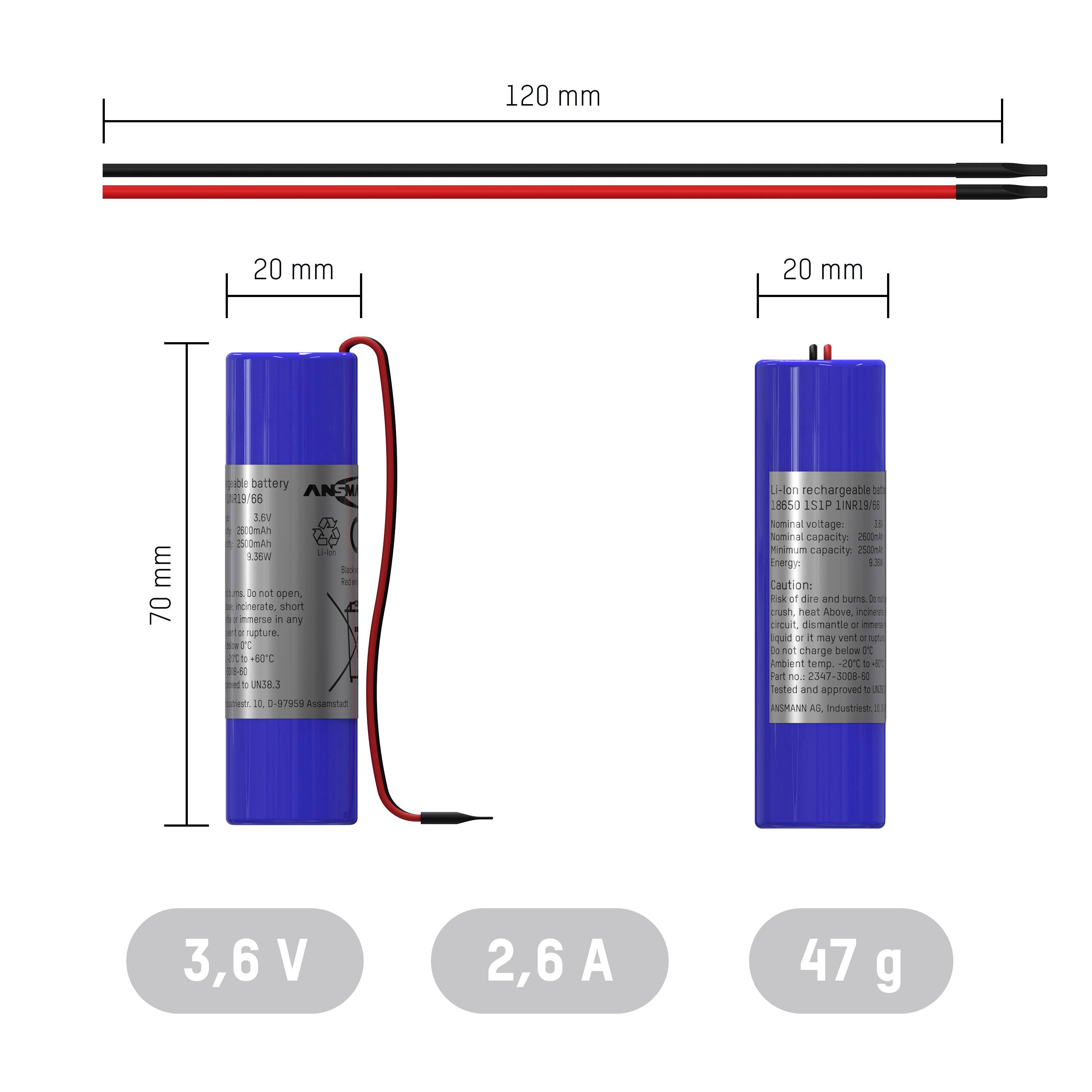 Спеціальний акумулятор Ansmann 18650 Li-Ion з кабелем 3,6 В 2600 мАг 1 шт.