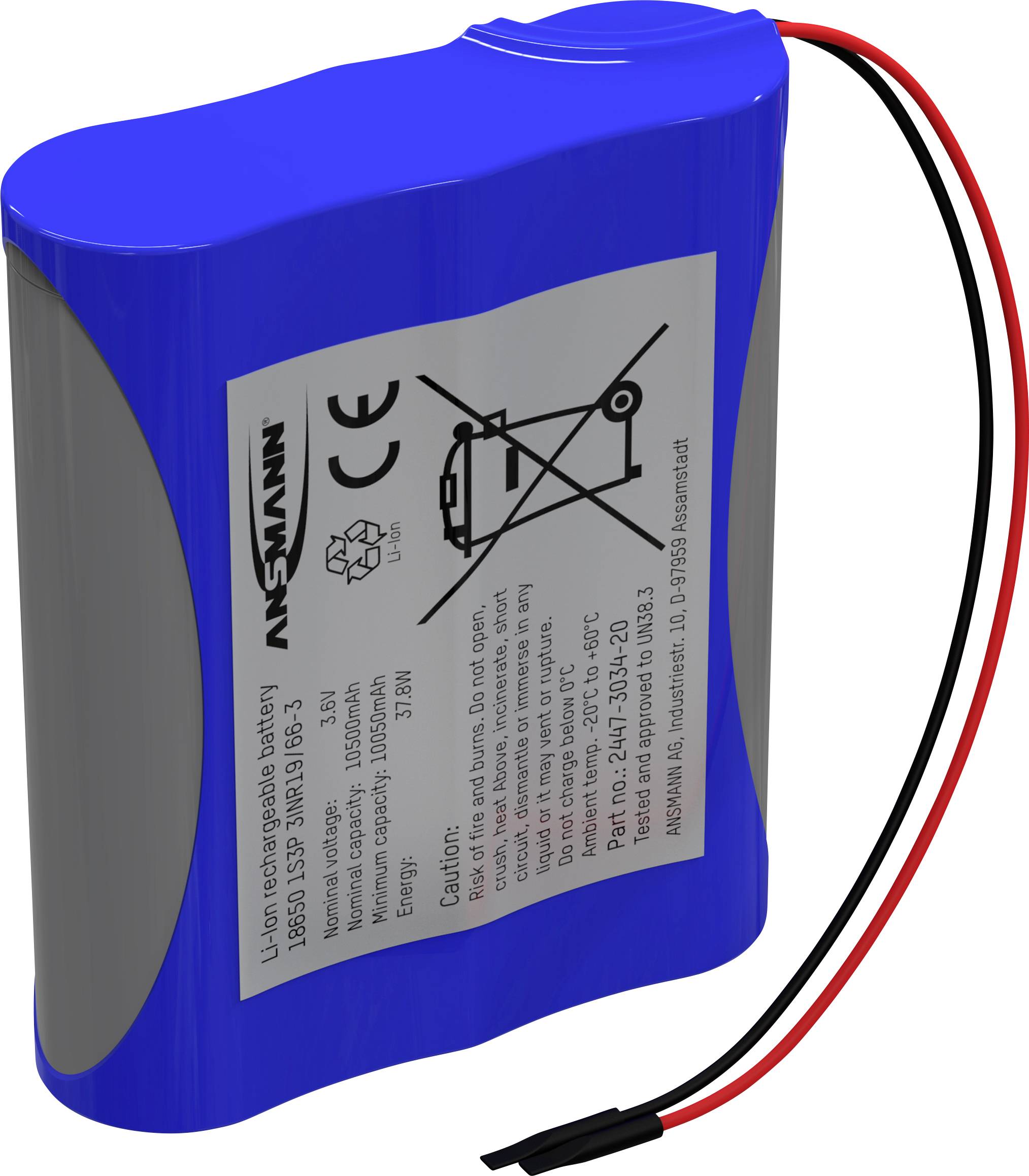 Акумуляторний блок 18650, літій-іонний Ansmann 1S3P, кількість елементів: 3, 3,6 В, 10500 мАг, кабель
