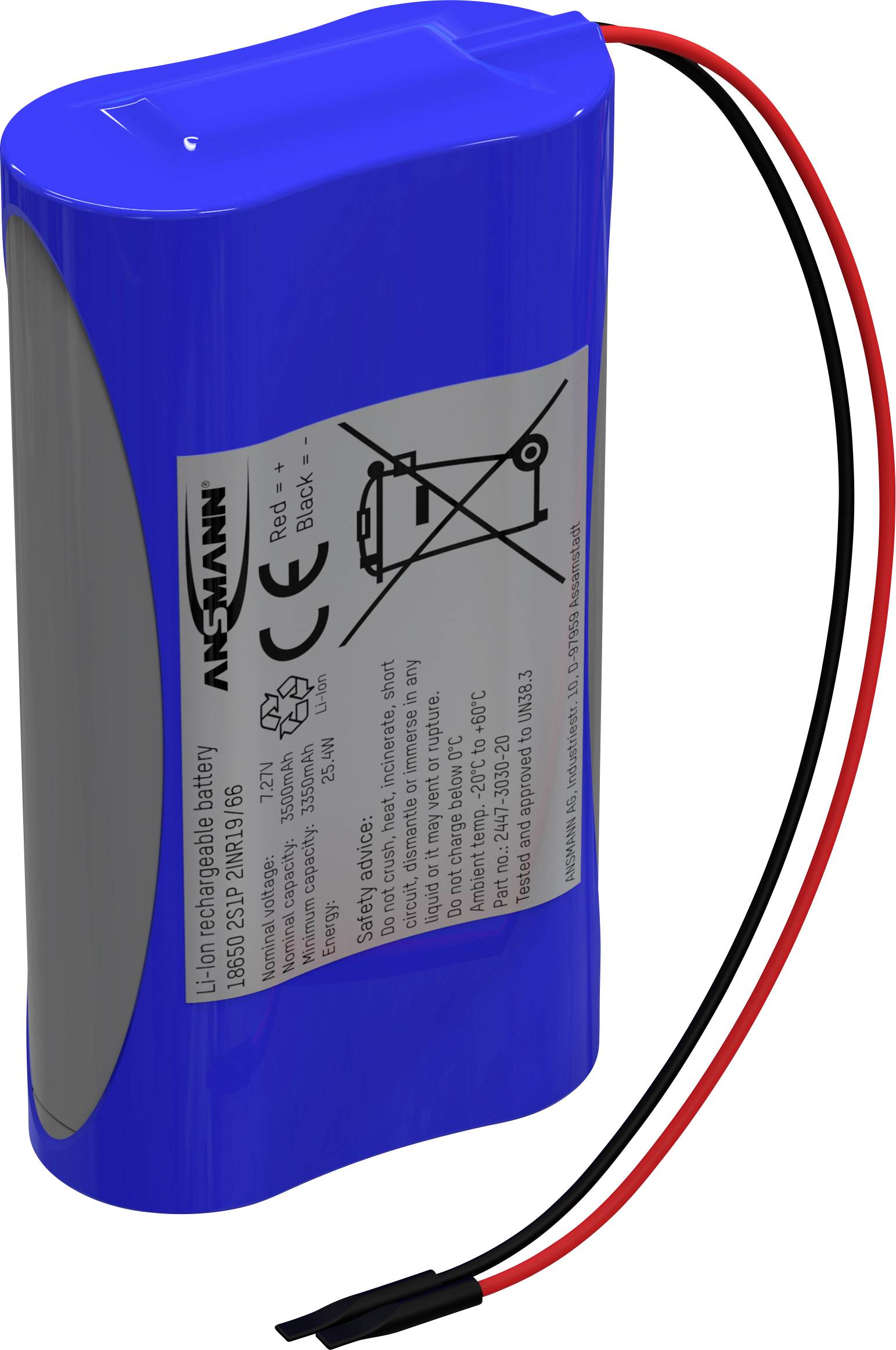Акумуляторний блок 18650, літій-іонний Ansmann 2S1P, кількість елементів: 2, 7,2 В, 3500 мАг, кабель