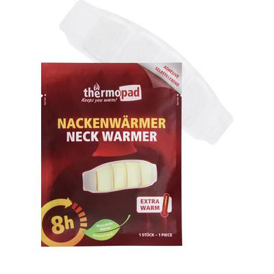Opakowanie ogrzewacza na szyję „thermopad" obiecujące „ekstra ciepło", efektywne przez „8h" i zawierające jeden element samoprzylepny.
