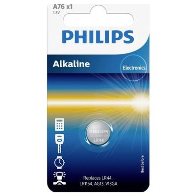 'Baterie alkaliczne Philips A76, 1,5V, zamiennik LR44, LR1154, AG13, V13GA. Odpowiednie do urządzeń elektronicznych. Podana data ważności. Opakowanie przedstawia baterię i ikony zastosowań.'