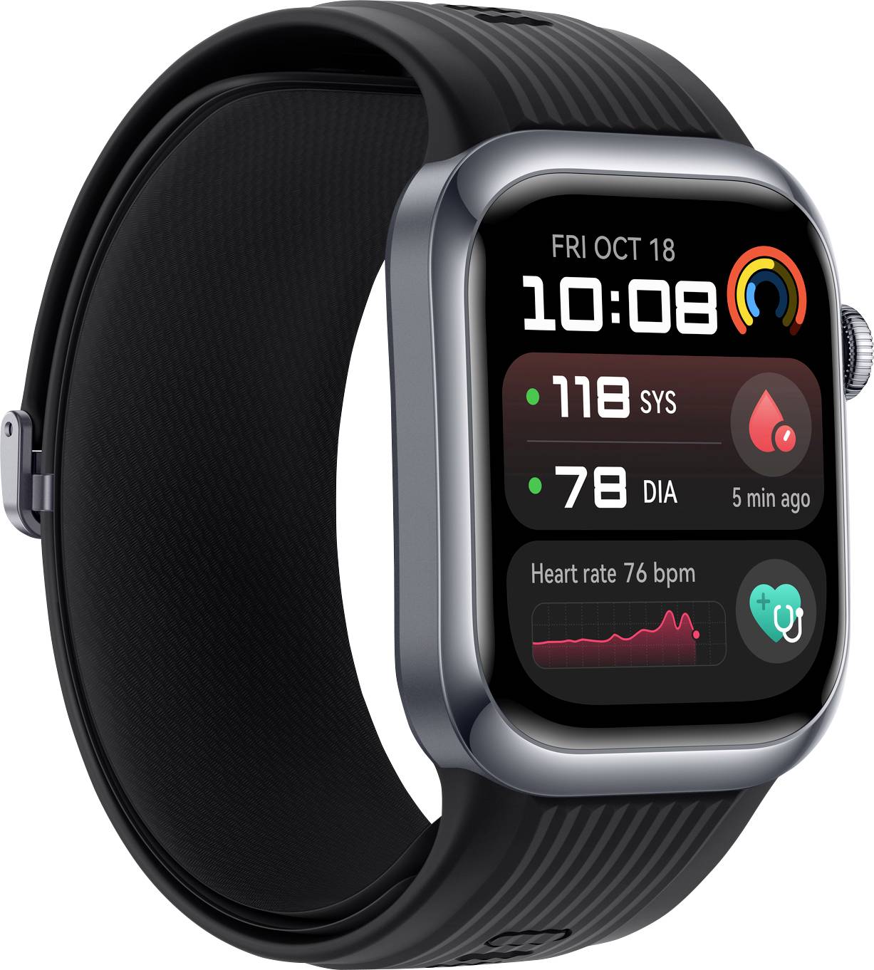 Smartwatch z czarnym paskiem wyświetla godzinę 10:08, datę 'PT 18 PAŹ', dane zdrowotne w postaci ciśnienia krwi 118/78 oraz częstotliwości tętna 76 uderzeń na minutę.