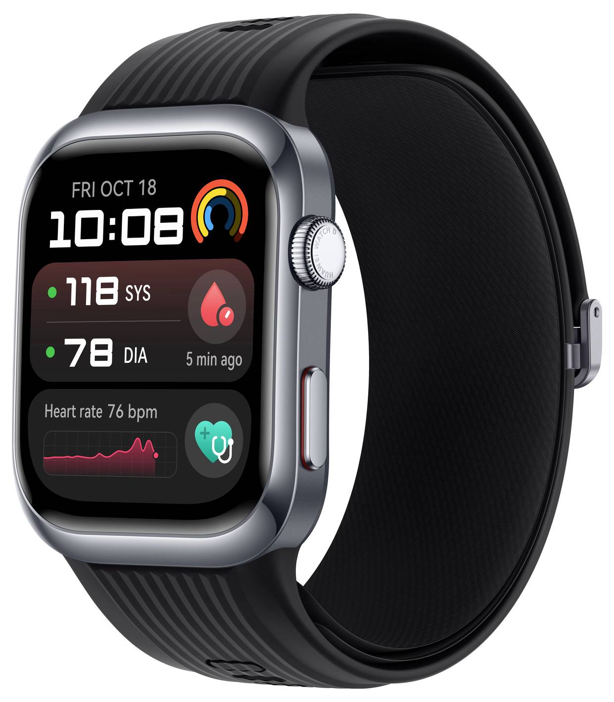 Smartwatch wyświetla dane zdrowotne: datę, godzinę, ciśnienie krwi '118 SYS/78 DIA', częstotliwość pracy serca '76 uderzeń/min' oraz symbole aplikacji zdrowotnej.