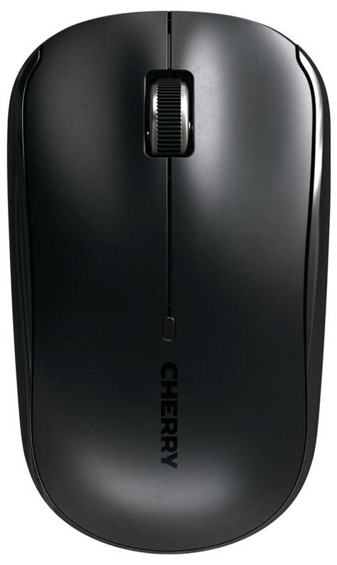 Czarna bezprzewodowa mysz komputerowa z rolką przewijania, na górnej powierzchni widoczna nazwa marki 'Cherry'.