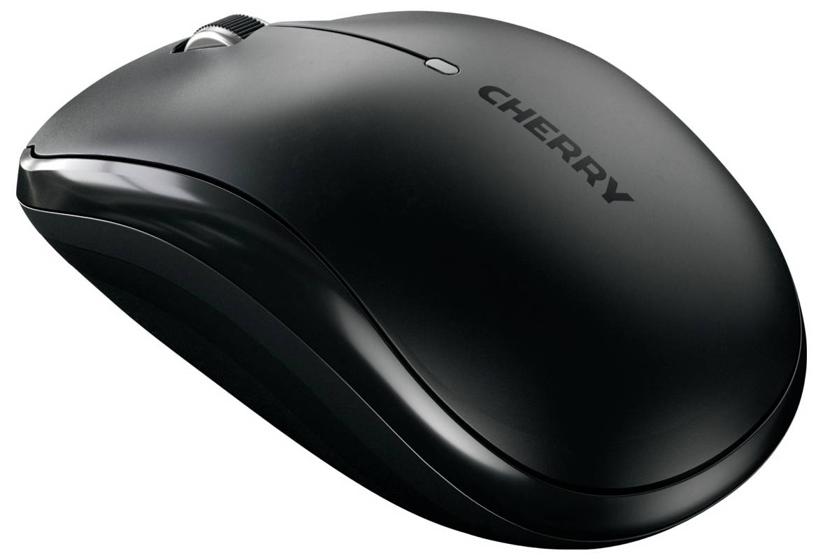 Czarna, bezprzewodowa mysz komputerowa z logo 'CHERRY' na wierzchu.