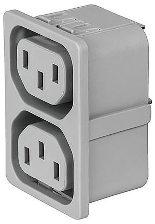 Szary, prostokątny moduł podwójnego gniazda do połączeń elektrycznych z dwoma pionowymi parami otworów wtykowych.