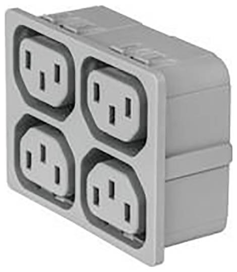 Cztery elektryczne gniazdka w układzie kwadratowym, w kolorze szarym, widziane z boku, prawdopodobnie do zastosowań przemysłowych.