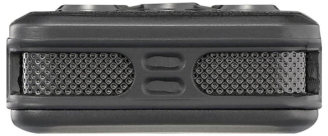 Widok czarnego urządzenia elektronicznego z boku, z wzorem siatki i przyciskami pośrodku.