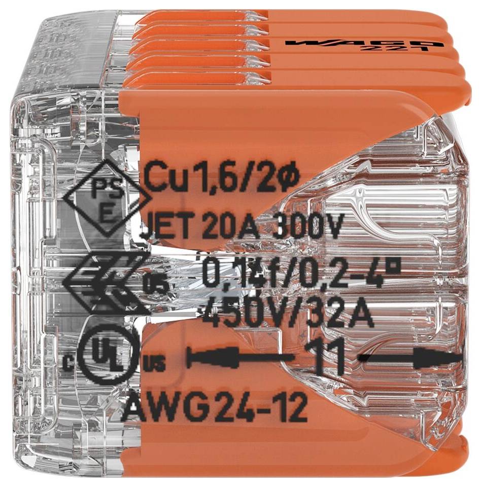 Przezroczysty złącz kablowy z pomarańczowymi dźwigniami, oznaczony specyfikacjami technicznymi: 300V, 20A, do kabli 0,14-4mm².