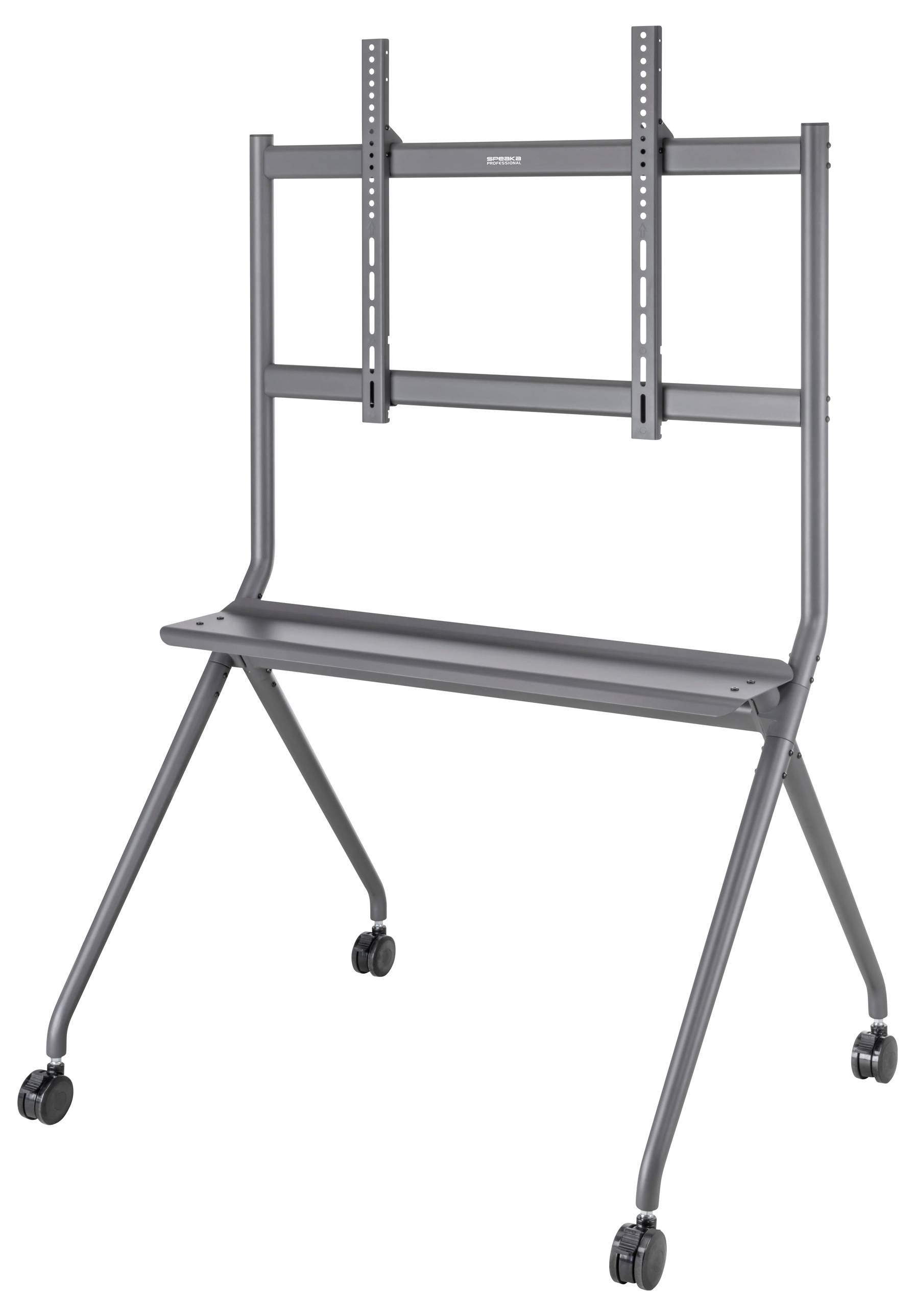Mobilny stojak na telewizor z szarego metalu z kółkami, przystosowany do zamontowania ekranu. Idealny do prezentacji w biurze.