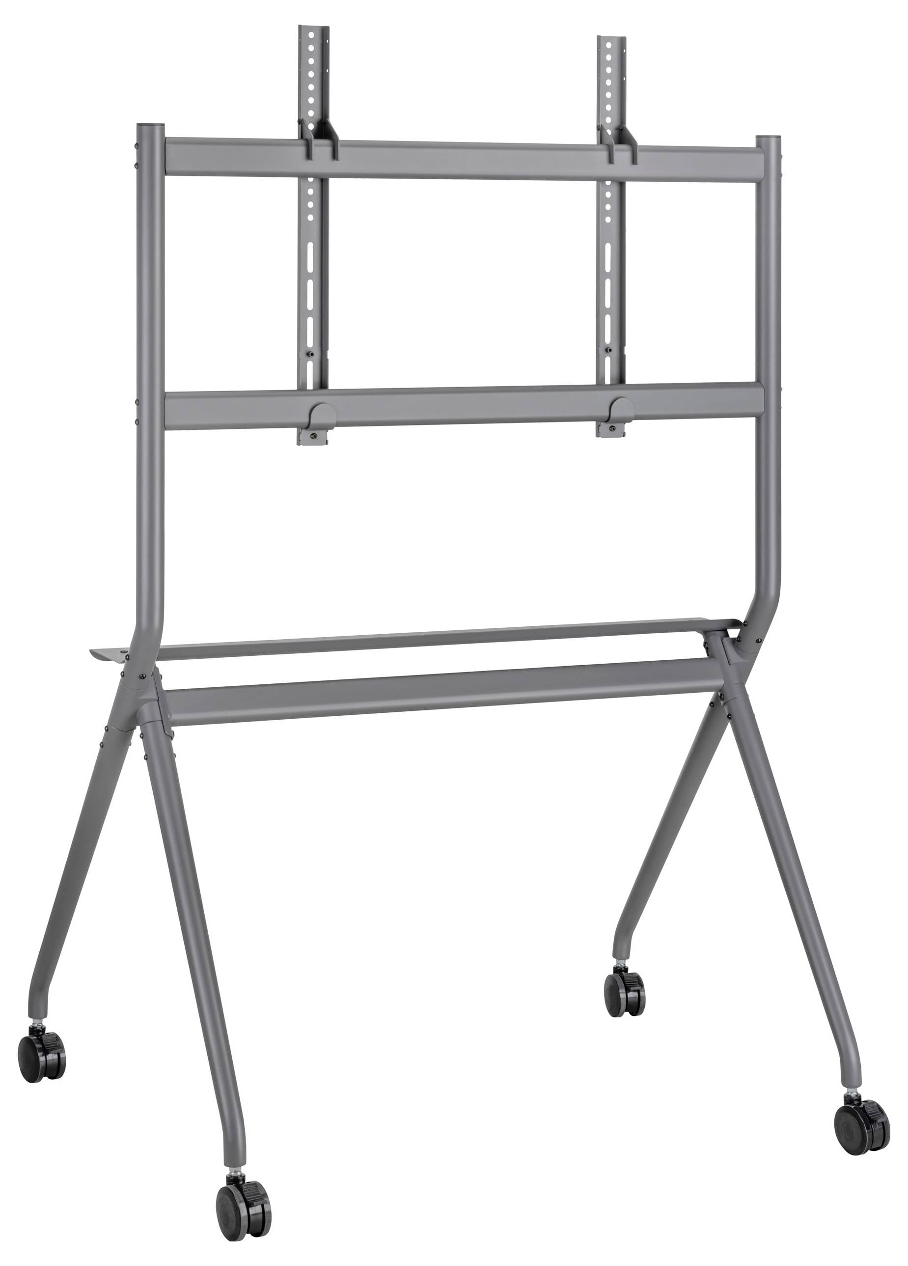 Srebrny, mobilny stojak na kółkach, przystosowany do zamocowania telewizora lub monitora, z regulowaną wysokością.