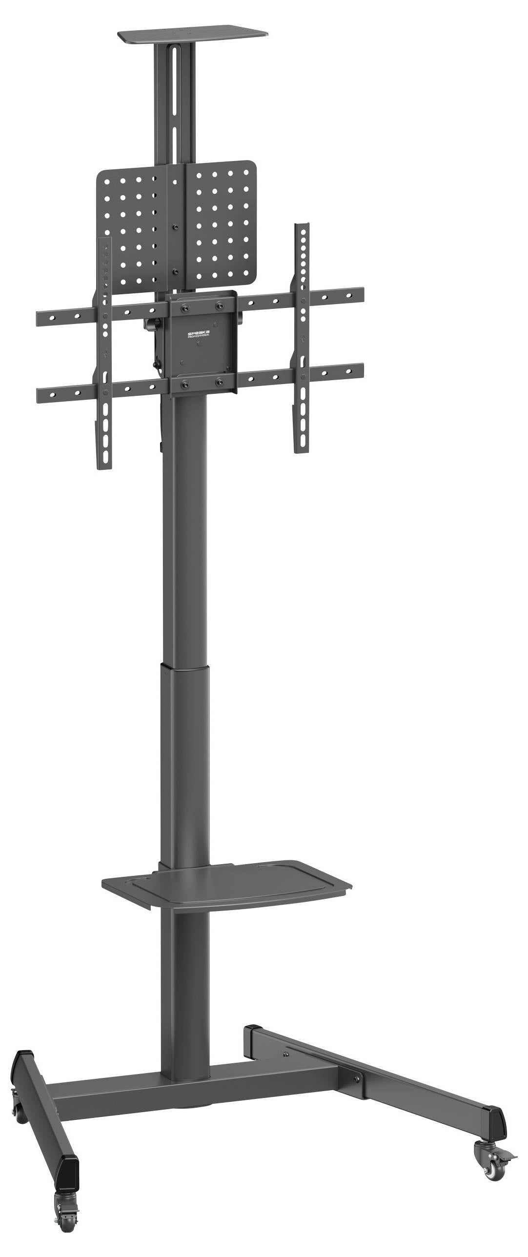 Regulowany na wysokość, mobilny stojak na telewizor z kółkami, odpowiedni do dużych ekranów, z półką na akcesoria.