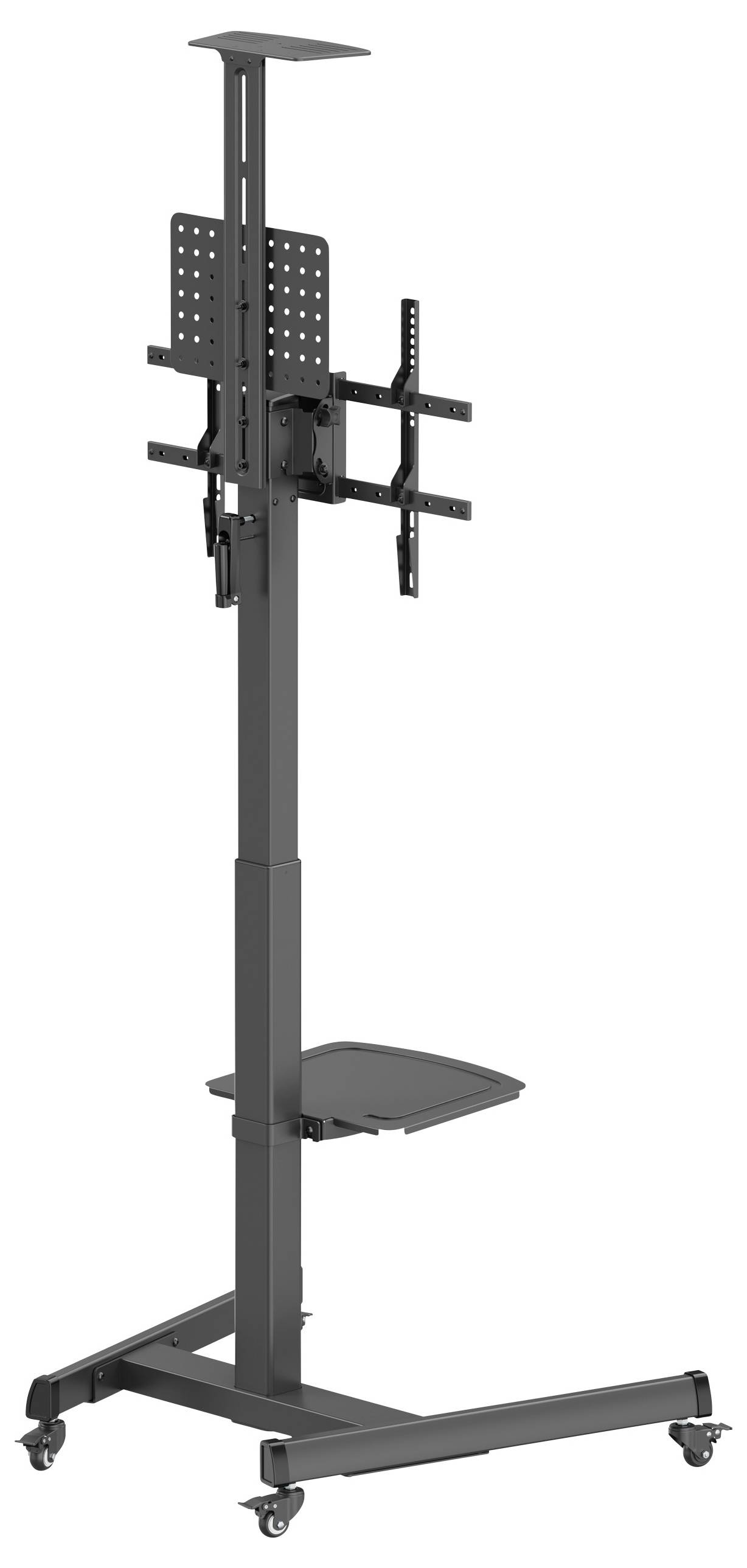 Regulowany stojak na kółkach do telewizora, odpowiedni dla dużych ekranów. Stabilna, czarna rama z dodatkową powierzchnią do przechowywania. Możliwość łatwego przemieszczania.