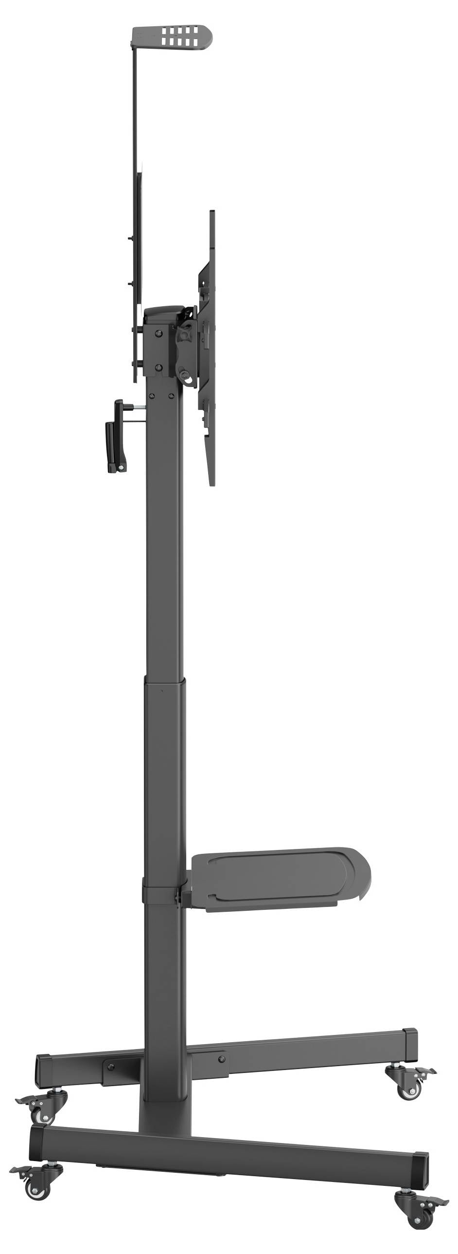 Stojak w pionie, czarny, wyposażony w kółka, przeznaczony do mocowania monitorów lub urządzeń prezentacyjnych.