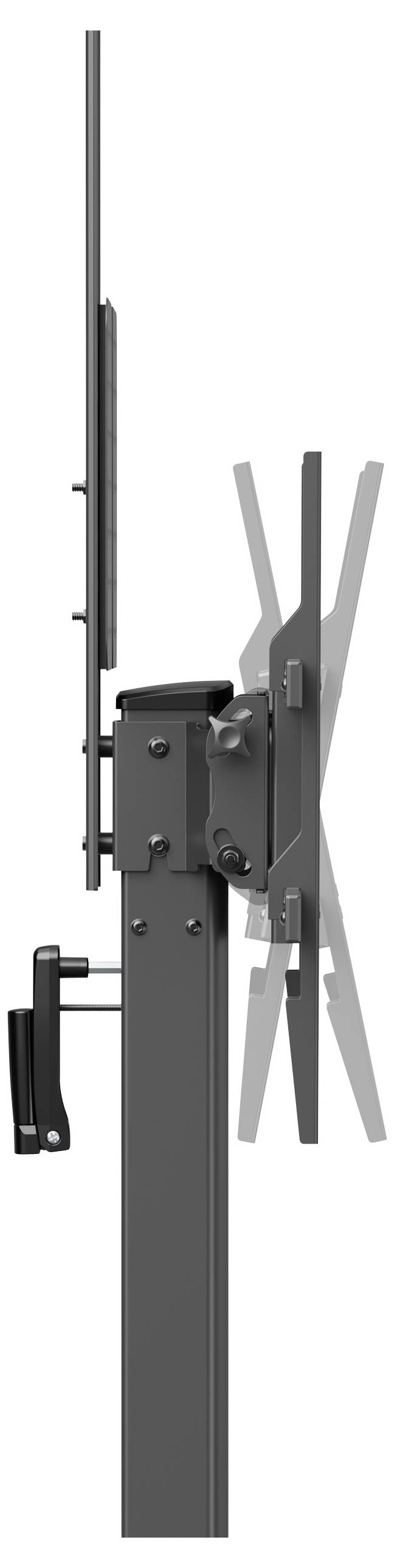 Widok z boku uchwytu do telewizora z regulowanymi ramionami i uchwytem. Nadaje się do elastycznego zamocowania telewizora na ścianie.