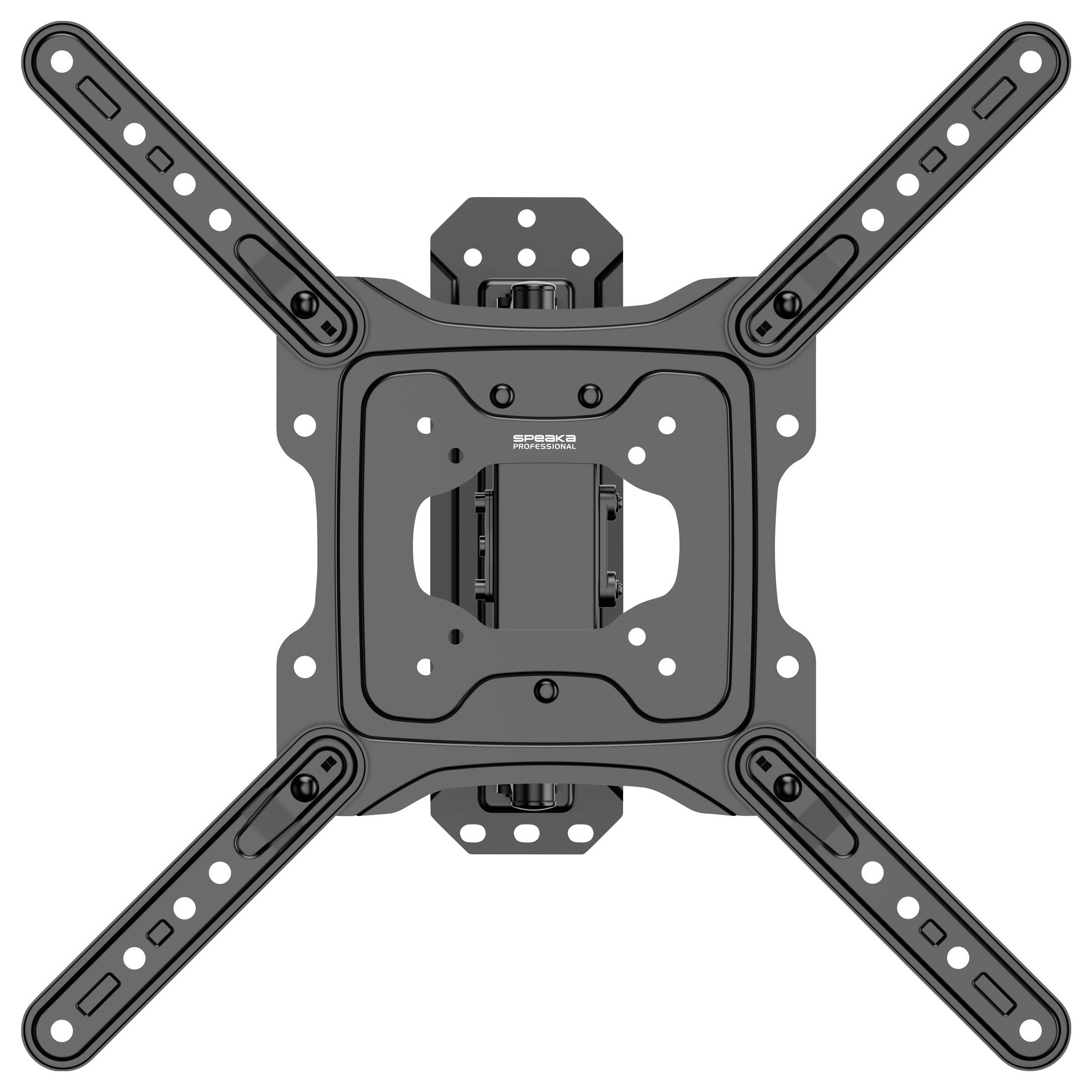 Regulowany metalowy uchwyt ścienny do telewizora zgodny ze standardem VESA, z rozbudowanymi ramionami oraz otworami montażowymi dla łatwej instalacji.
