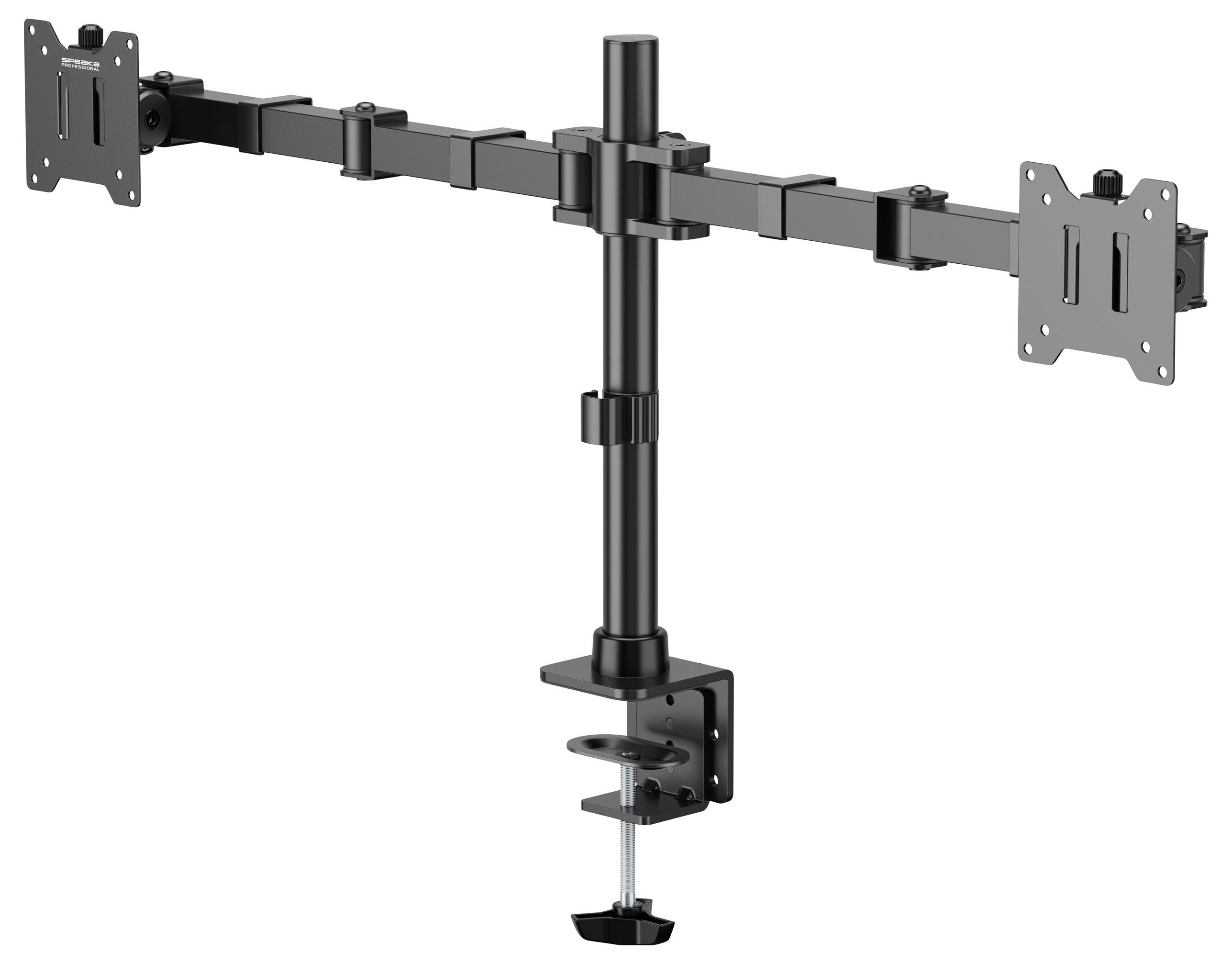 Czarny uchwyt na dwa monitory do zamocowania na biurku. Regulowane ramiona dla dwóch monitorów. Mocowanie za pomocą zacisku śrubowego do blatu stołu.