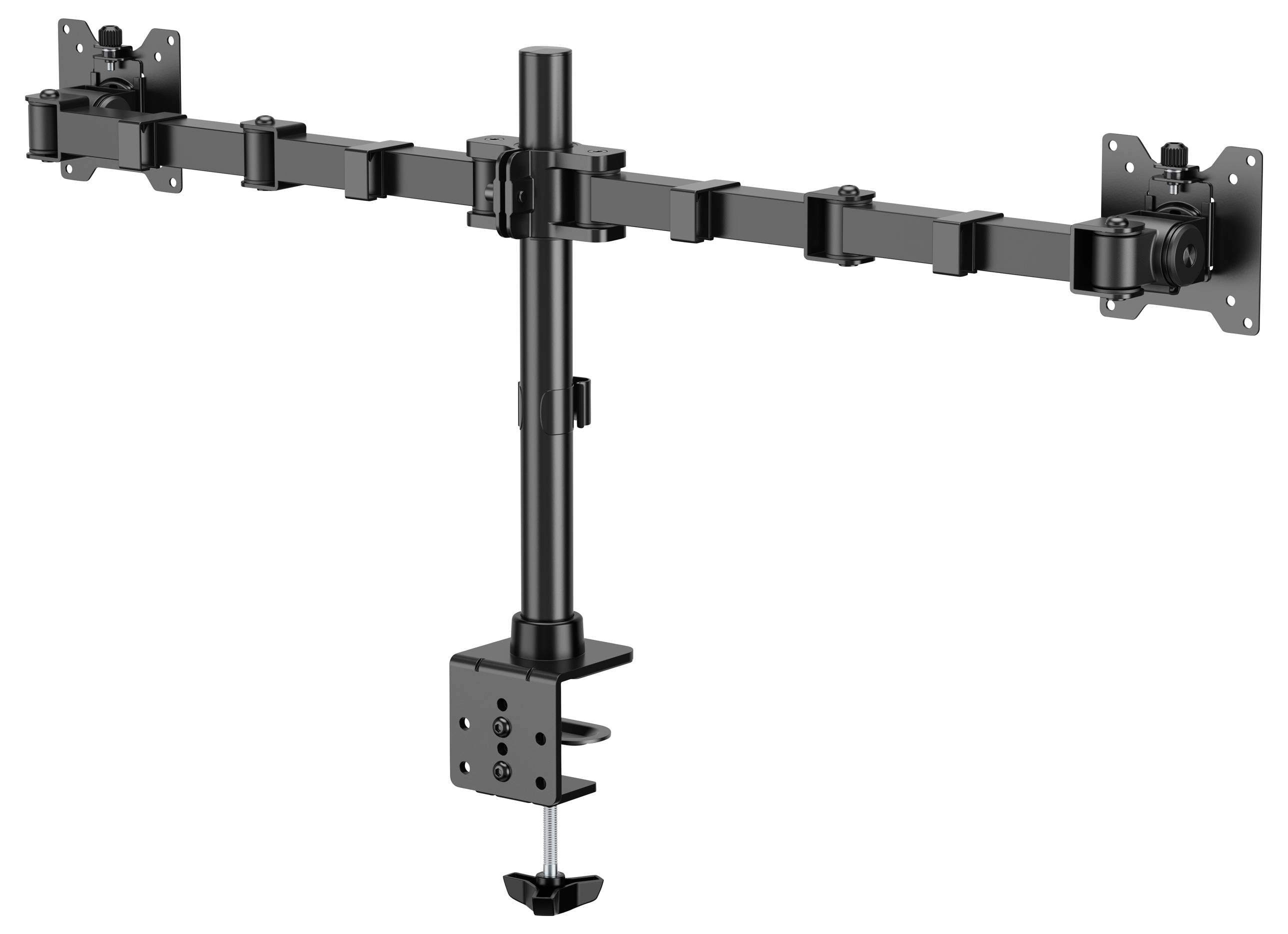 Trójramienny uchwyt na monitor wykonany z czarnego metalu z mocowaniem do blatu, przeznaczony do zamocowania trzech monitorów obok siebie.