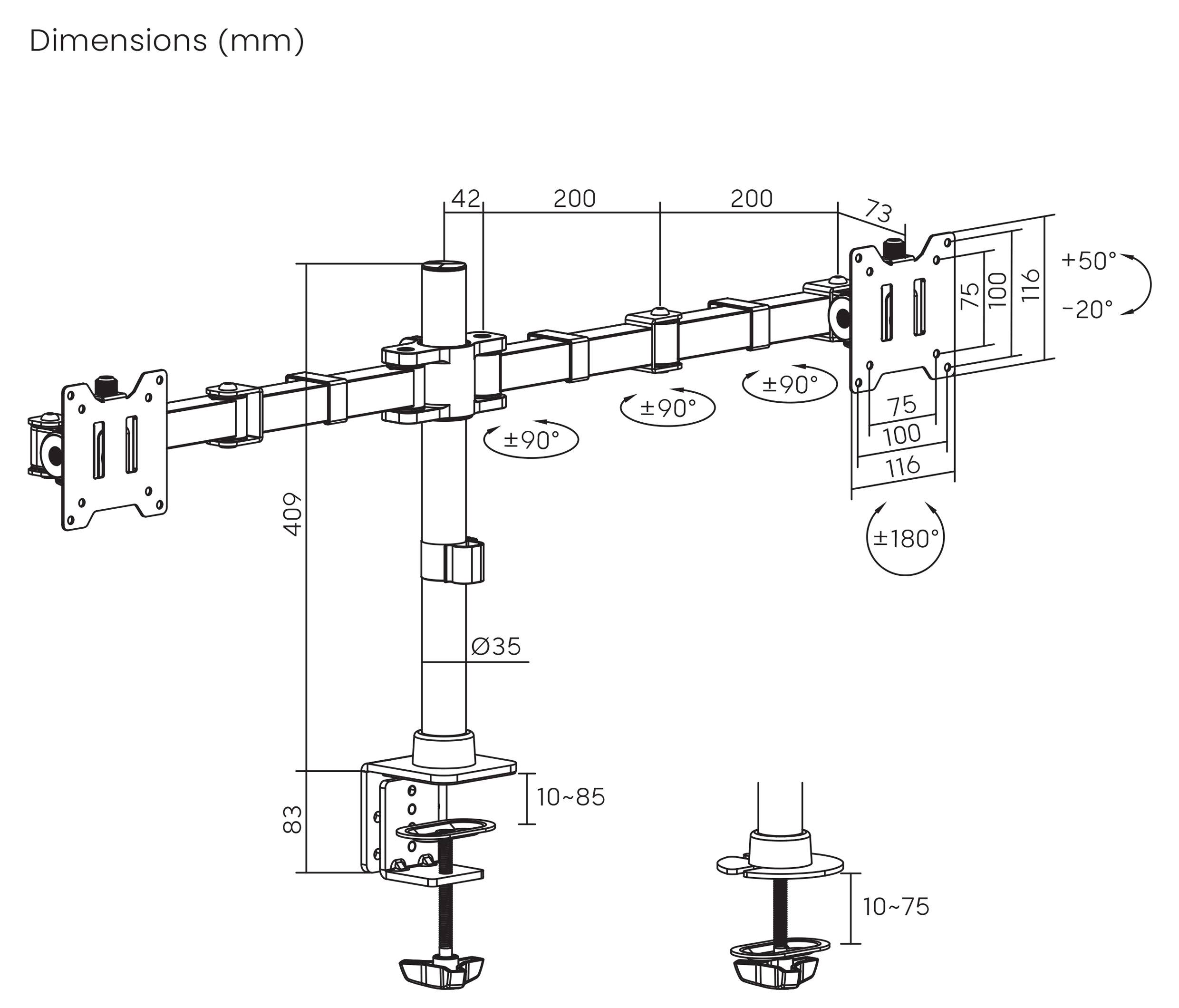 Ilustracja przedstawia uchwyt do monitora z wymiarami podanymi w milimetrach. Obrotowe ramiona umożliwiają ustawienie monitora w różnych pozycjach i kątach nachylenia.