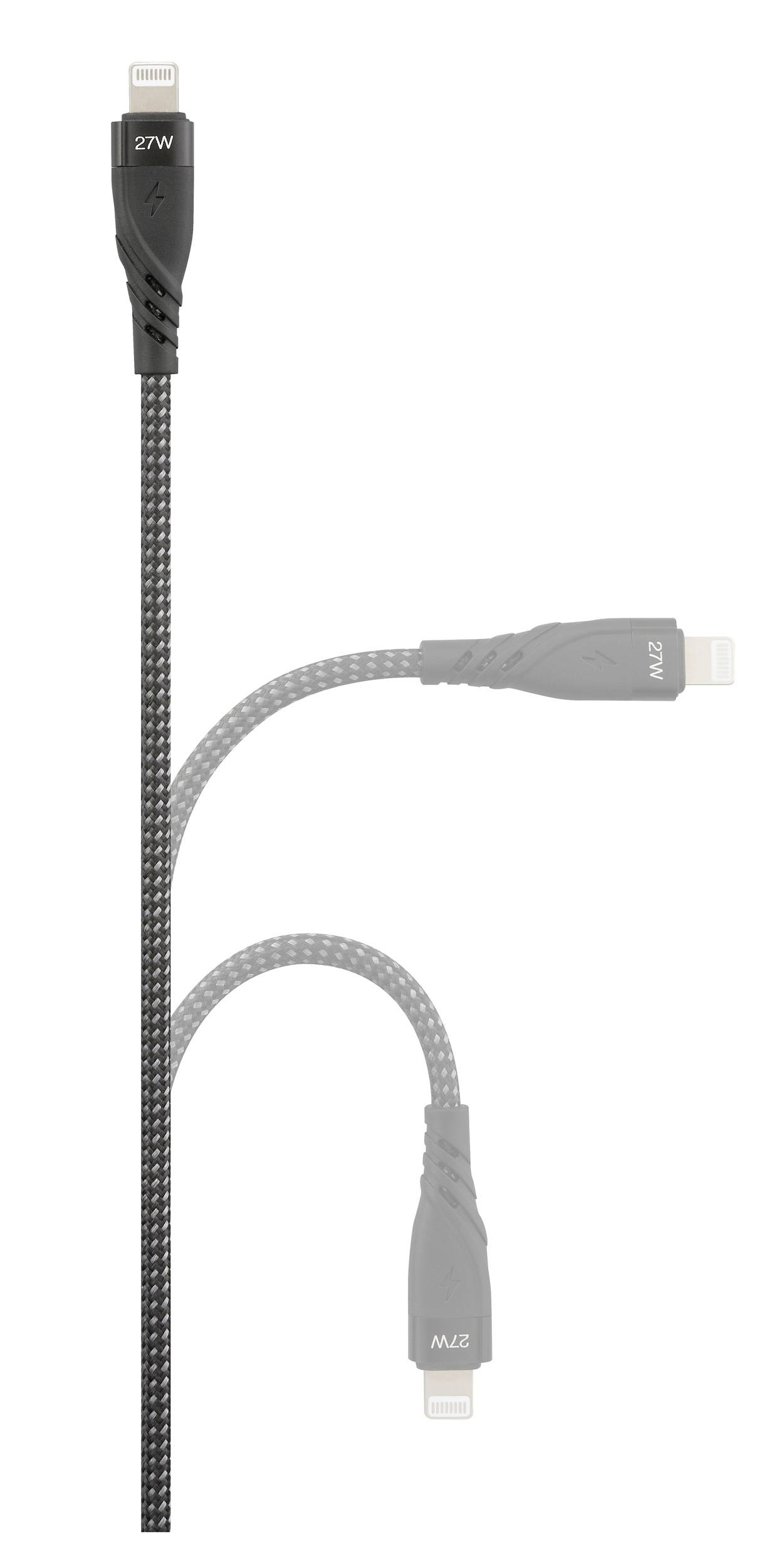 Czarna, pleciona kabel USB z trzema wtykami: dwa kątowe z napisem '27W' oraz jeden prosty złącz.