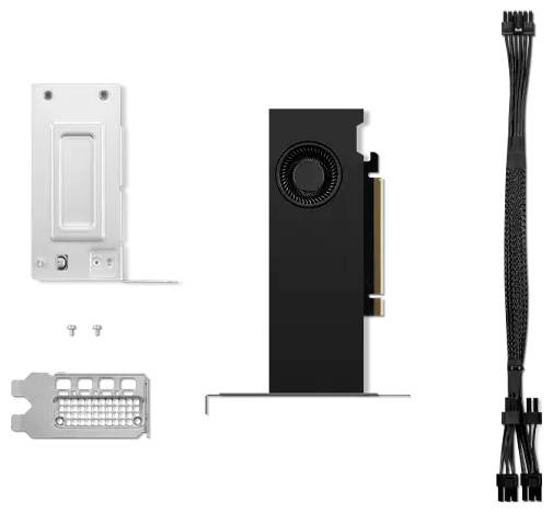 Uchwyt karty graficznej z wentylatorem, śrubami mocującymi, osłoną PCIe i przewodem zasilającym, przeznaczony do montażu i chłodzenia w komputerze.