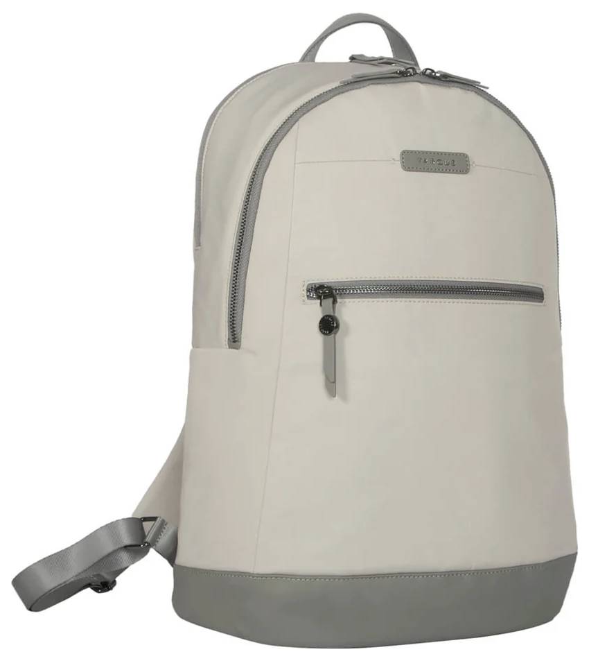 Jasnoszary plecak z kieszeniami na zamek błyskawiczny i górnym uchwytem, idealny do codziennego użytku lub do szkoły.