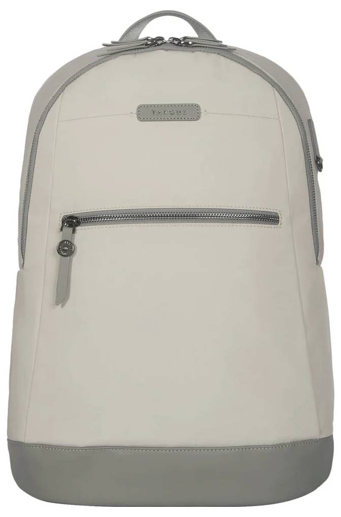 Kremowy plecak z szarą podstawą i zamkami błyskawicznymi, idealny do codziennego użytku lub podróży.