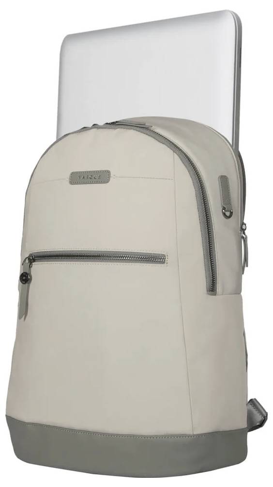 Beżowy plecak z szarymi zamkami i laptopem wystającym z górnego otworu.