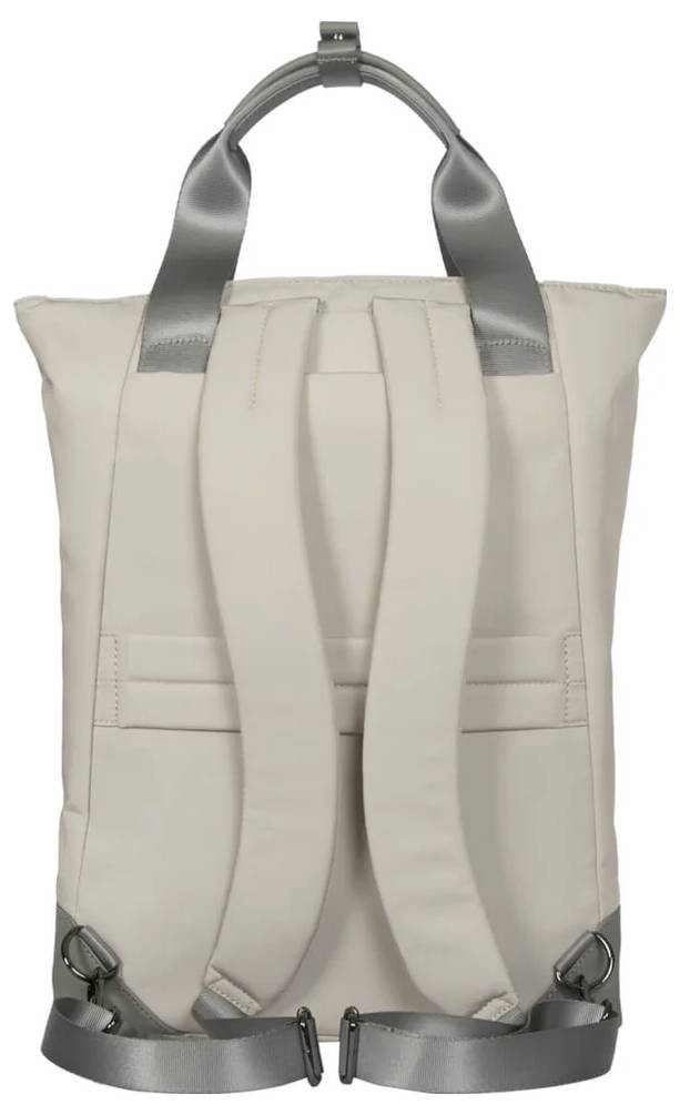 Szary plecak z regulowanymi paskami i klamrami, odpowiedni do codziennego użytku, idealny na podróże lub do szkoły.