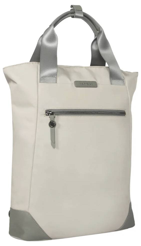 Jasnoszary, stylowy plecak z górnymi uchwytami i kieszenią zamykaną na zamek błyskawiczny z przodu.