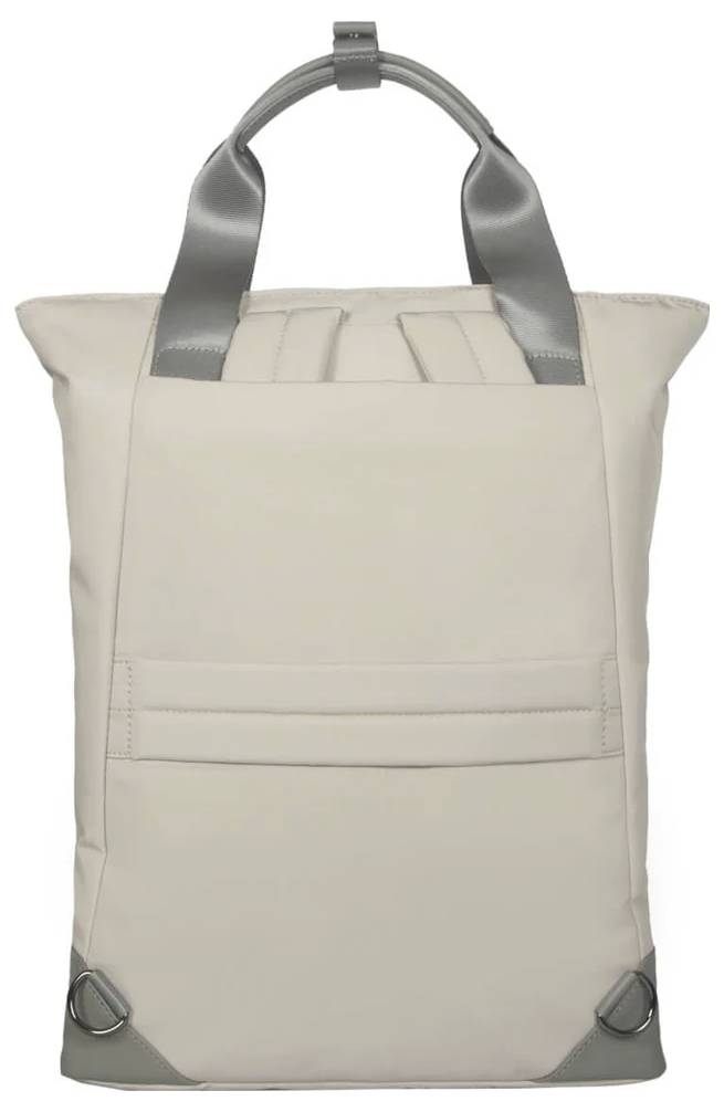 Beżowy plecak z szarymi paskami i prostą kieszenią z przodu. Praktyczny design do codziennego użytku lub podróży, nowoczesny i funkcjonalny.