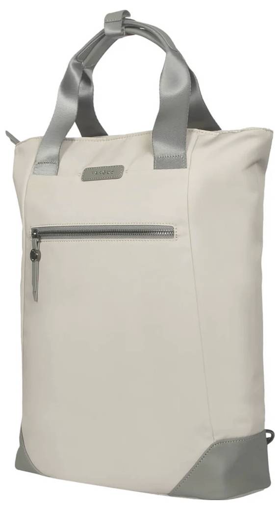 Jasnoniebieski torba na zakupy z szarymi uchwytami i kieszenią zamykaną na zamek z przodu. Nowoczesny, minimalistyczny design.