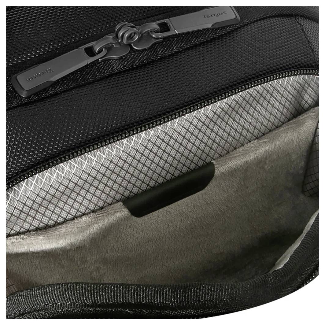 Czarna torba z rozpiętym zamkiem błyskawicznym, ukazująca wnętrze z szarą, wyściełaną podszewką i małą kieszenią wewnętrzną.