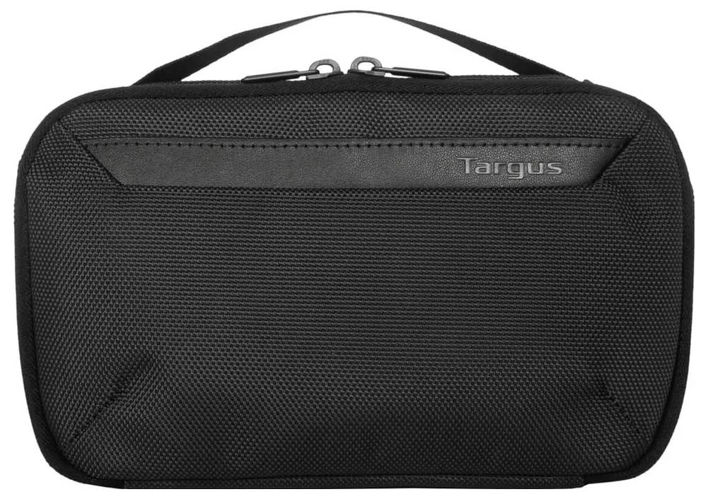 Czarna torba Targus z podwójnym zamkiem błyskawicznym i uchwytem górnym, odpowiednia do elektroniki lub akcesoriów.