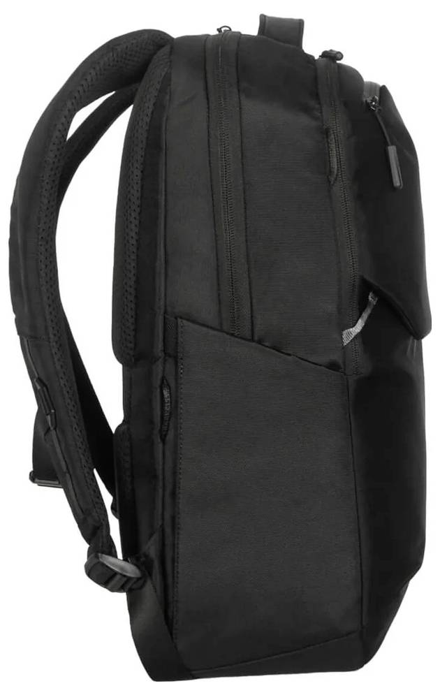 Czarny plecak z wieloma komorami i zamkami błyskawicznymi, idealny do przewożenia laptopa i materiałów biurowych.