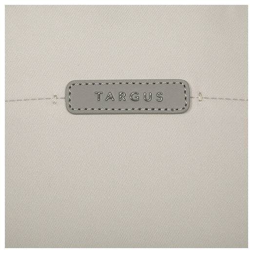 Beżowa tkanina z szarym logo 'Targus' pośrodku. Minimalistyczny design.