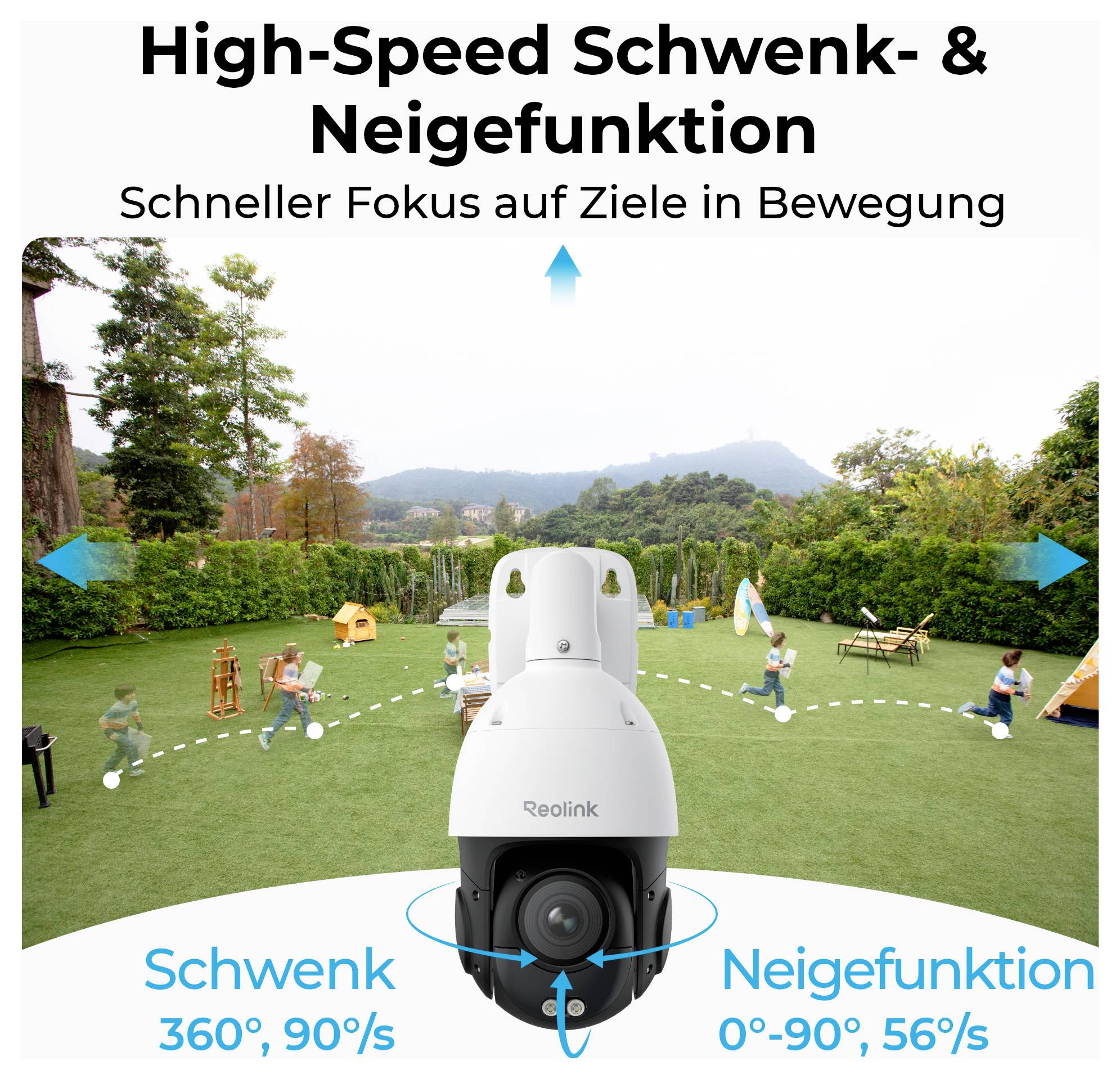 Kamera bezpieczeństwa na trawniku, z tekstem wyróżniającym funkcje: 'Szybkie Panoramowanie i Pochylanie', 'Fokus na Poruszających się Obiektach', panorama 360°, pochylenie 90°.