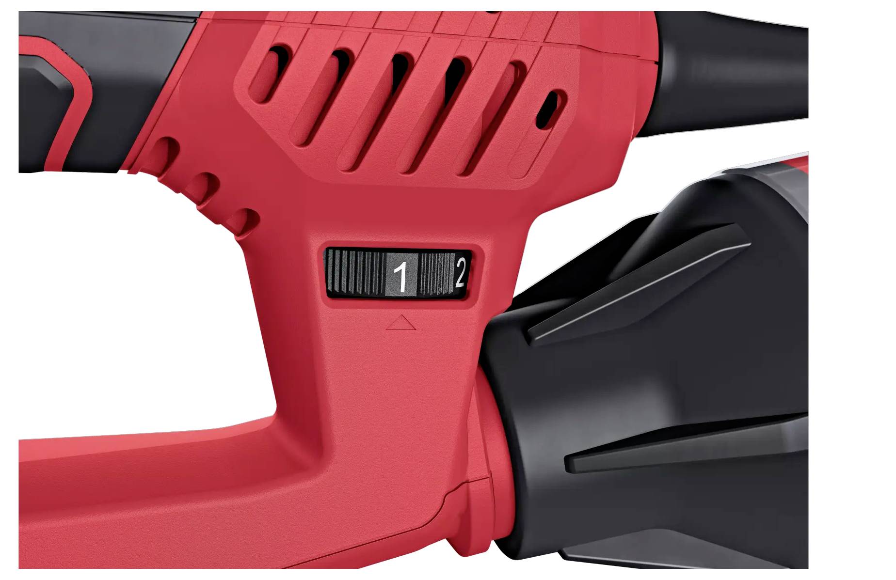 Uchwyt czerwonego urządzenia elektrycznego z dwoma poziomami prędkości, oznaczonymi numerami '1' i '2', z przesuwnym regulatorem ustawień.