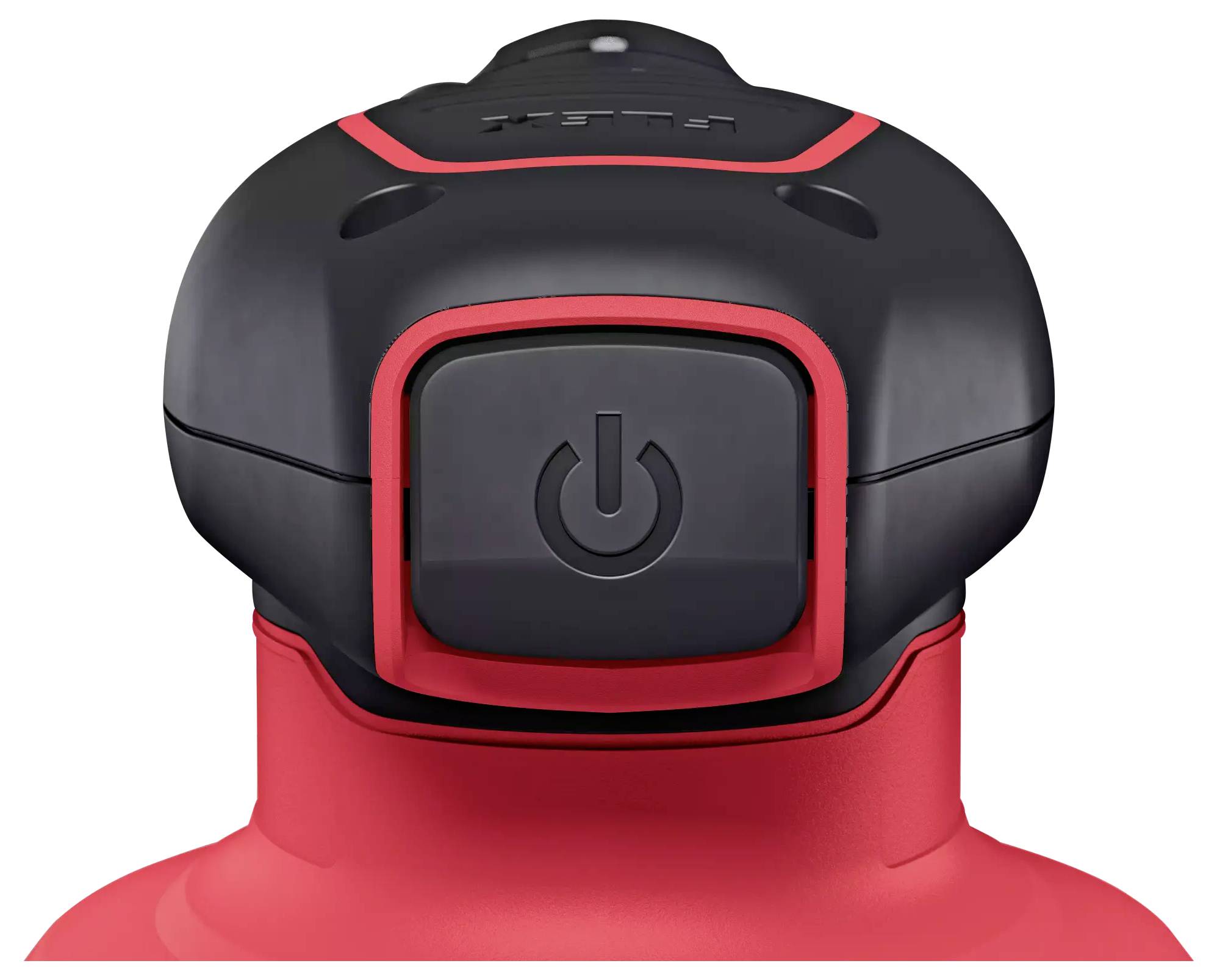 Czerwona butelka na napój z czarną nakrętką i widocznym symbolem zasilania na przedniej stronie pokrywy.