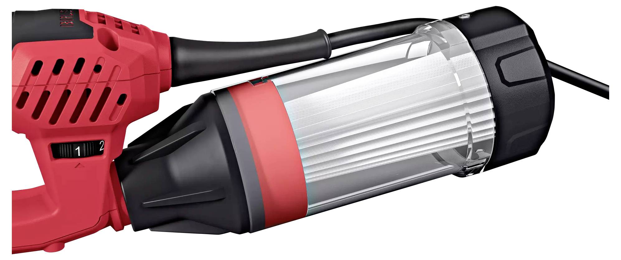 Czerwone, przenośne narzędzie elektryczne z czarnym uchwytem i przezroczystym cylindrem, prawdopodobnie ręczny odkurzacz lub dmuchawa.