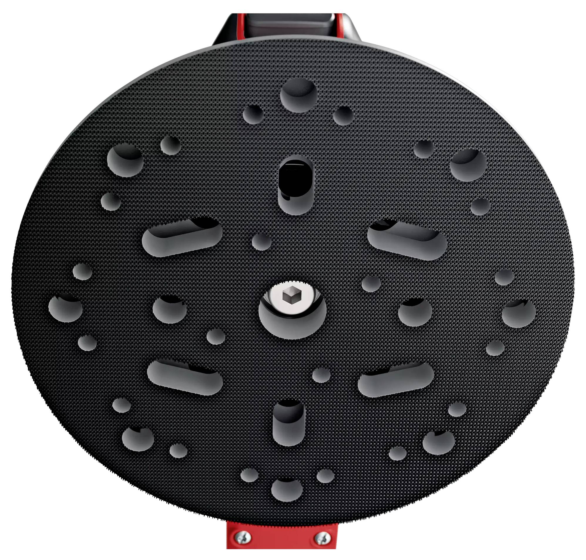 Okrągła tarcza szlifierska z różnymi wzorami otworów, centralnym otworem na śrubę, czerwonym uchwytem na dole.