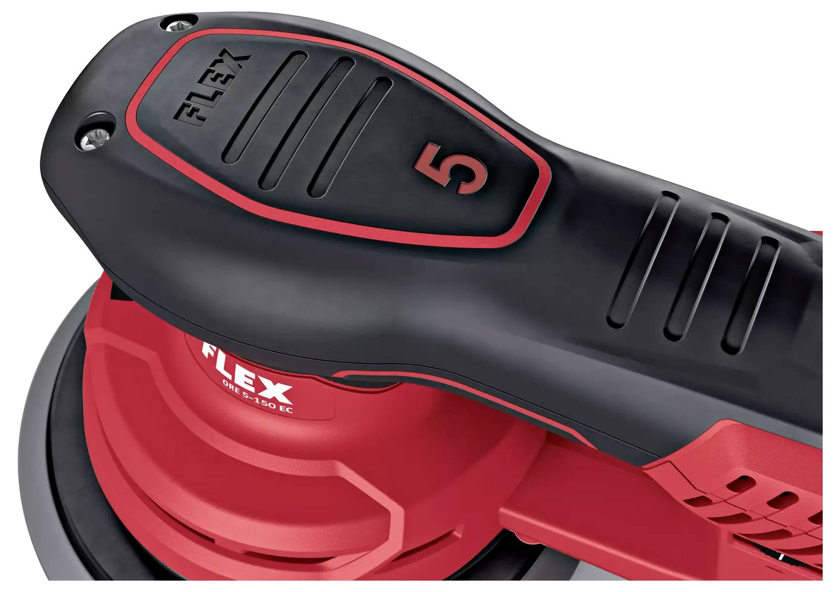 Czerwona i czarna elektryczna szlifierka z napisem 'FLEX' i dużą cyfrą '5' na górze.