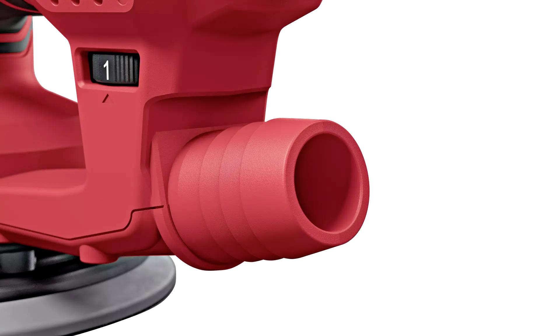 Zbliżenie czerwonego elektronarzędzia z wylotem do odsysania pyłu, rozpoznawalnym po żebrowanej końcówce.