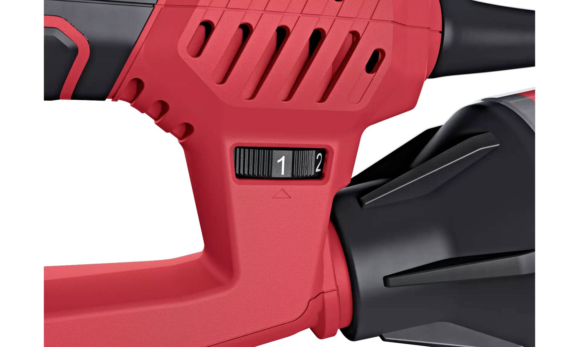 Czerwony uchwyt elektronarzędzia z przełącznikiem regulacji prędkości ustawionym na poziomie '1'.