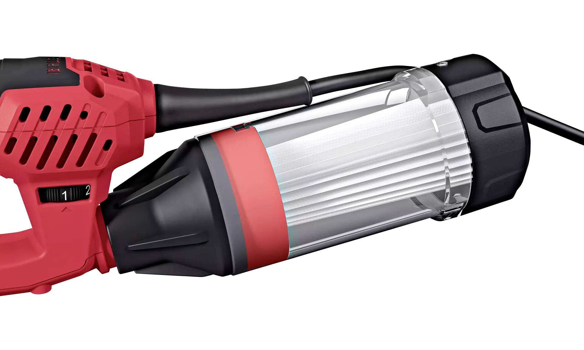 Czerwona szlifierka kątowa elektryczna z czarnym uchwytem i przezroczystą osłoną ochronną, ułożona w pozycji poziomej.