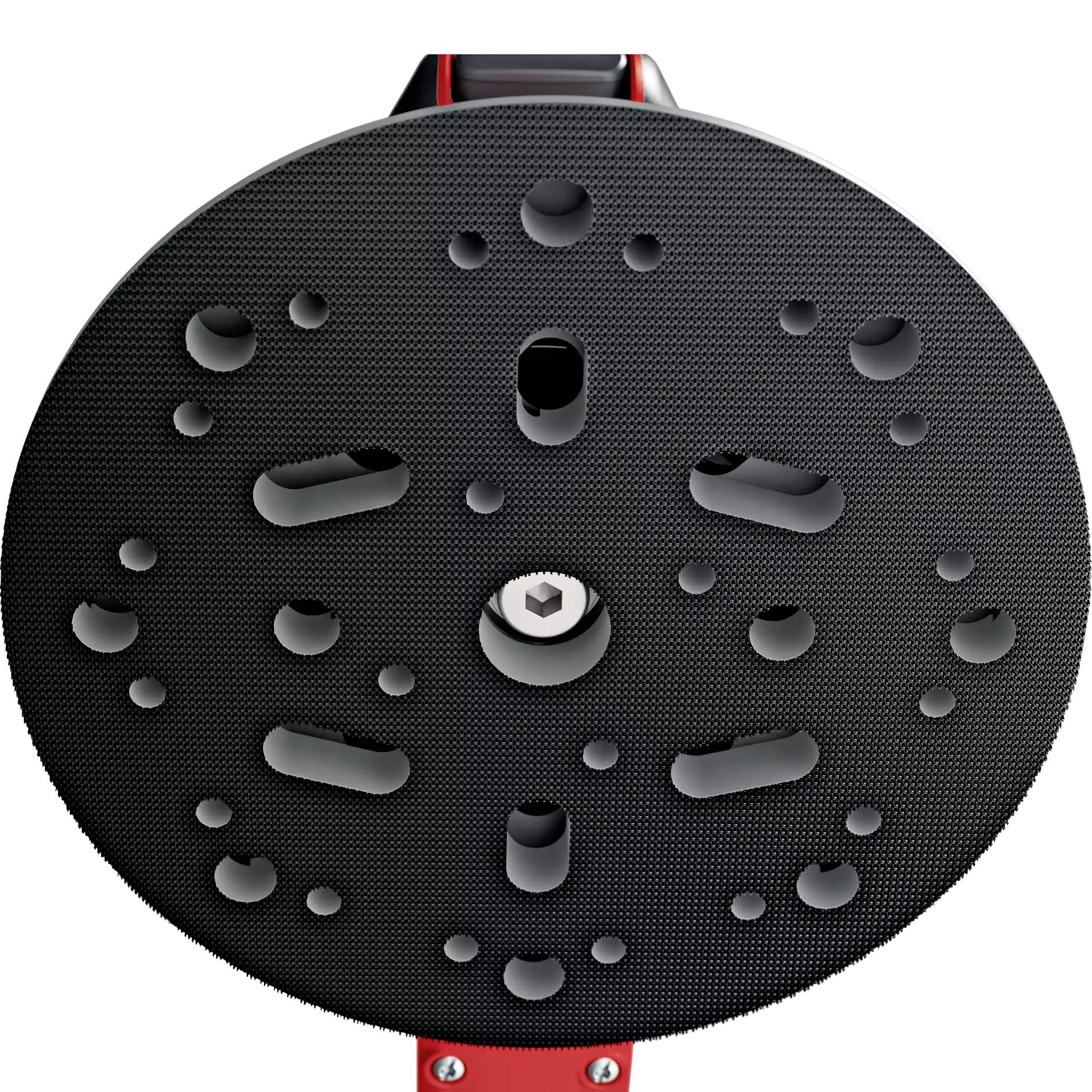 Czarna tarcza polerska z otworami, zamontowana na czerwonym urządzeniu polerskim. Jest używana do polerowania samochodów i obróbki powierzchni.