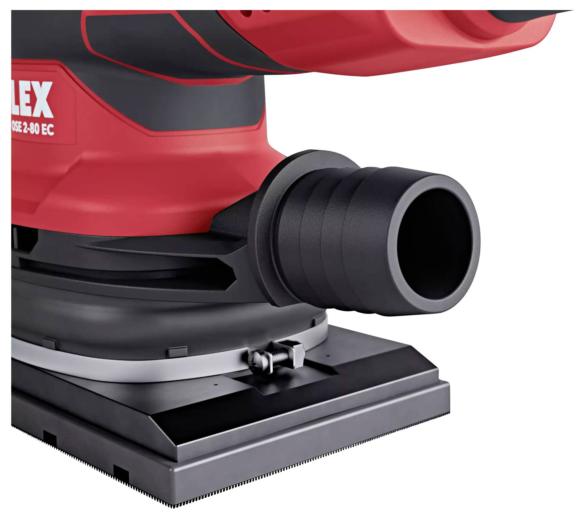 Czerwone elektronarzędzie z prostokątną płytą szlifierską i systemem odpylania.