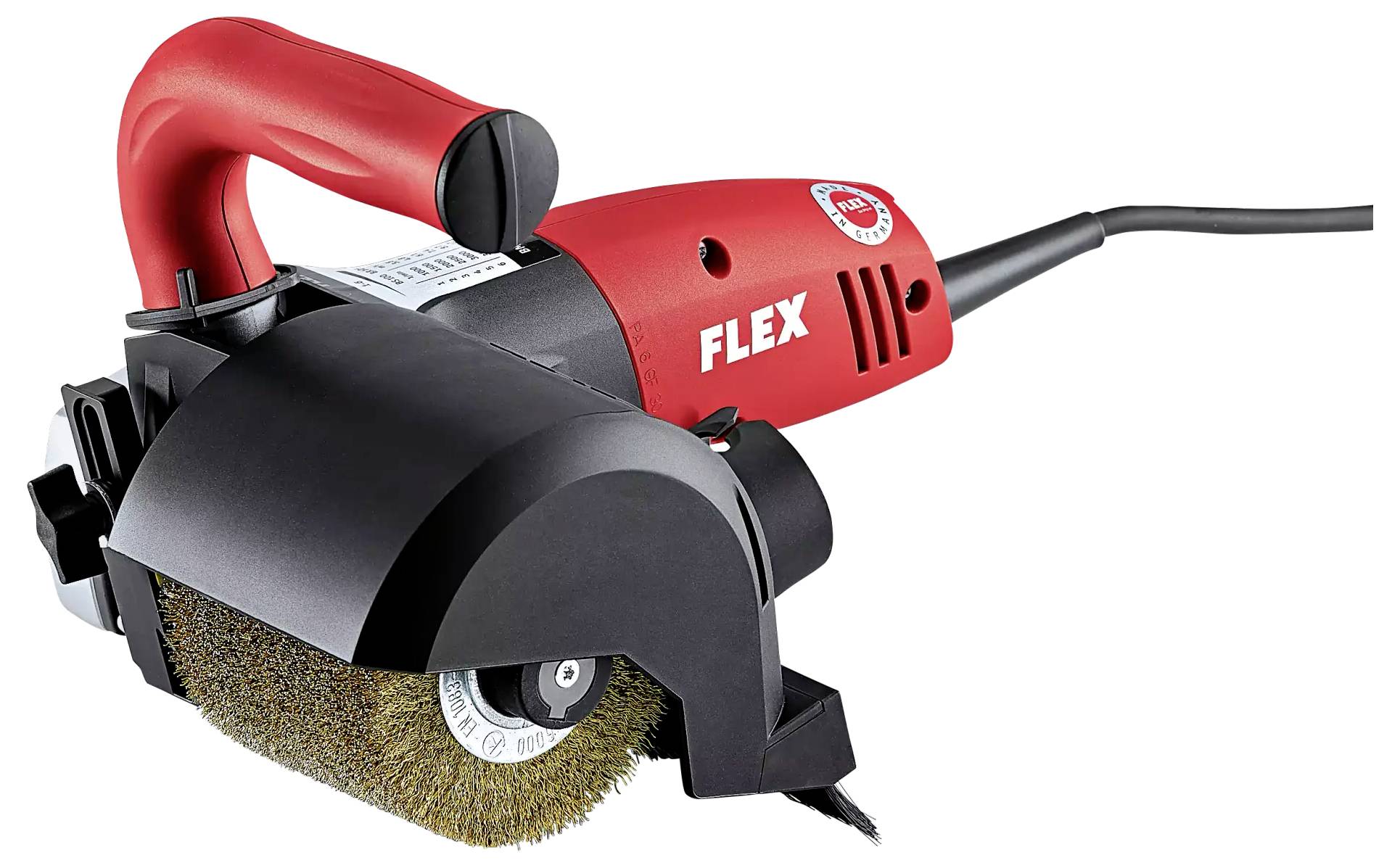 Czerwone elektronarzędzie z szczotką i czarną osłoną, przeznaczone do czyszczenia lub szlifowania powierzchni.